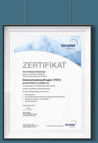 Certificado: Christian Handschigl certificado como responsable de la protección de datos por TÜV Nord